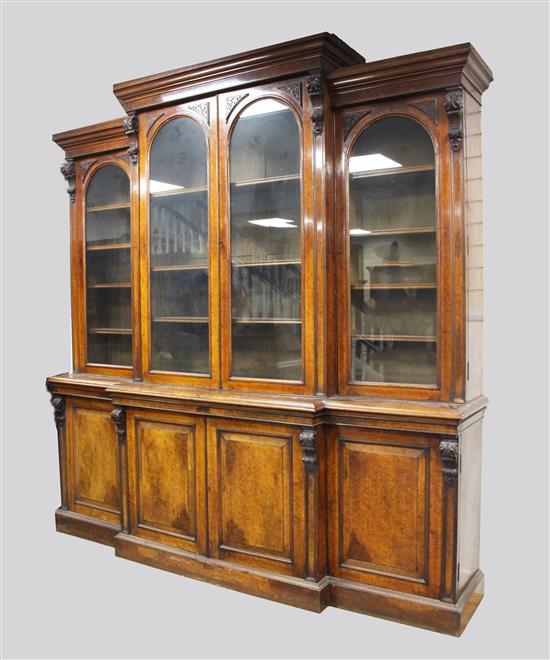 A good Victorian pollard oak breakfront library bookcase, W.8ft D.1ft 10in. H. including detached pediment scrolls 9ft 2in.